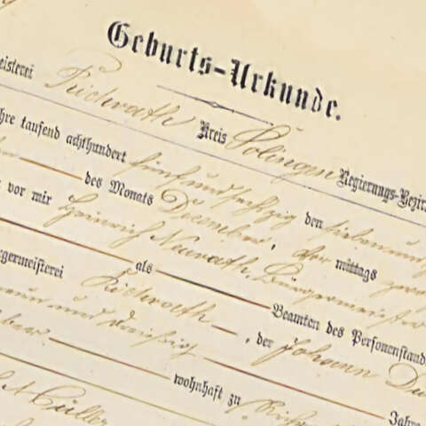 Geburtsurkunde aus dem Jahr 1868 - Foto: Stadtarchiv Langenfeld
